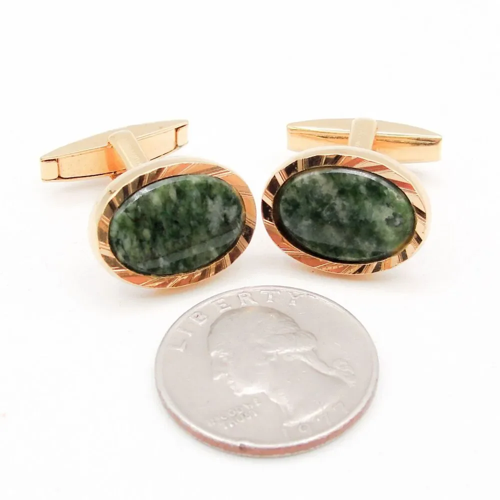 Vintage Gold Tone Jade Cufflinks Oval Green Stone Patented Retro MCM Classic